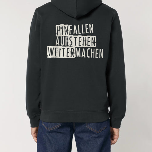 Unantastbar Hoodie „Unsterblich“, Rückenprint „Hinfallen, Aufstehen, Weitermachen“, getragen