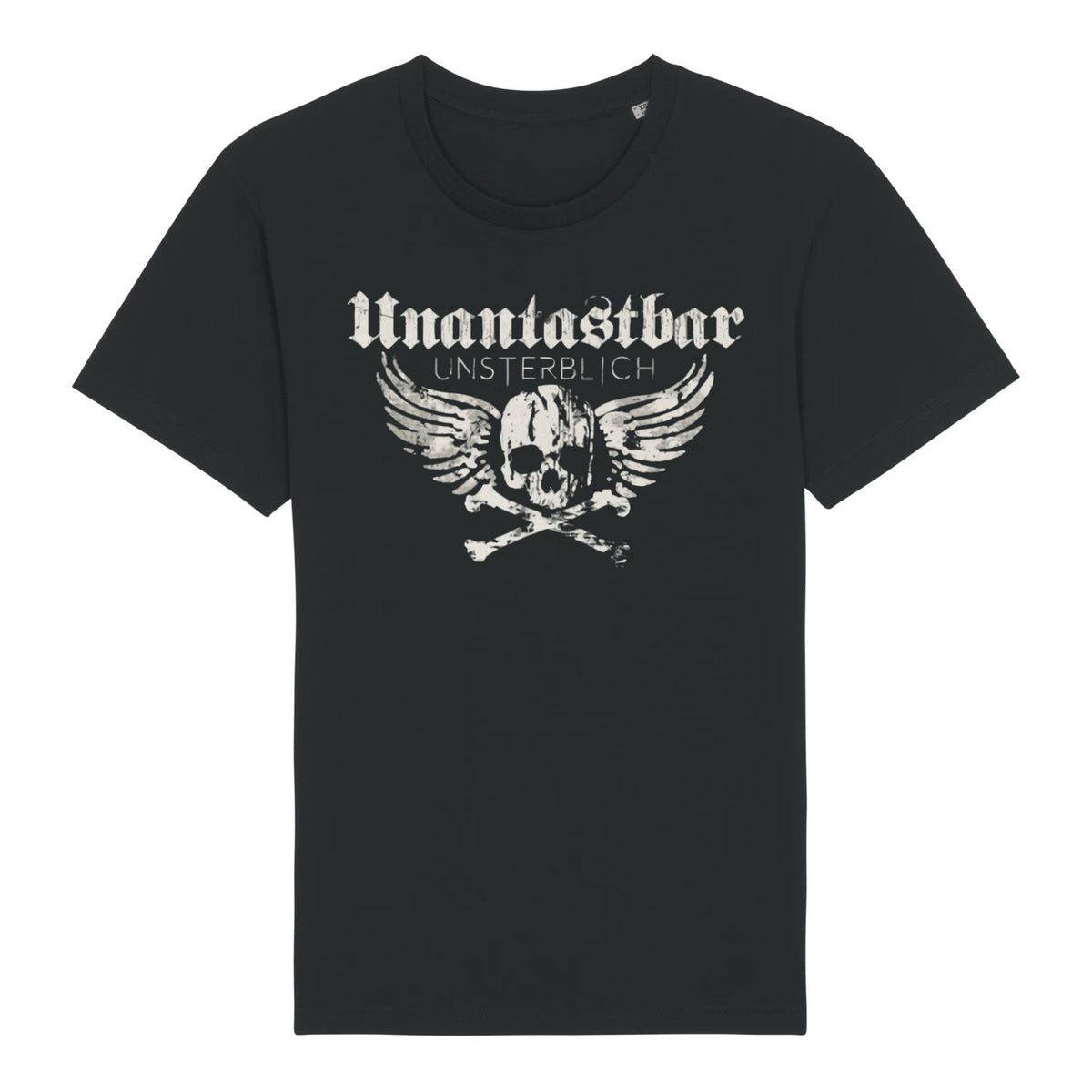 Unantastbar T-Shirt „Unsterblich“ in Schwarz, Vorderseite mit Totenkopf und Flügeln
