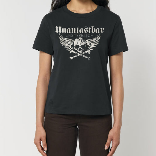 Unantastbar Girlie „Unsterblich“ mit Totenkopf-Flügel-Frontprint, getragen