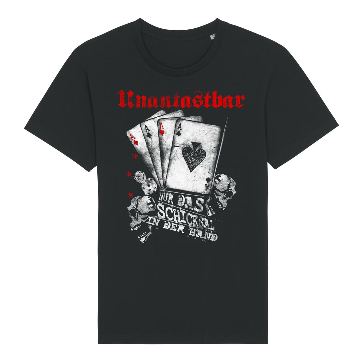 Unantastbar T-Shirt „Nur das Schicksal“ in Schwarz, Vorderseite mit vier Assen und Totenköpfen
